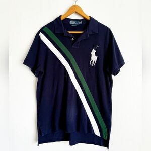 Vtg Polo Ralph Lauren Rugby Polo Shirt Big Pony Diagonal Stripe Mens XL  Blue
